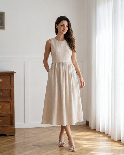 Natural Linen Midi Dress, Sleeveless Round Neck A Line Dress with Pockets, Minimalist Summer and Vacation Dress