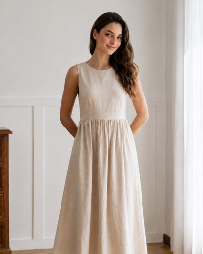 Natural Linen Midi Dress, Sleeveless Round Neck A Line Dress with Pockets, Minimalist Summer and Vacation Dress