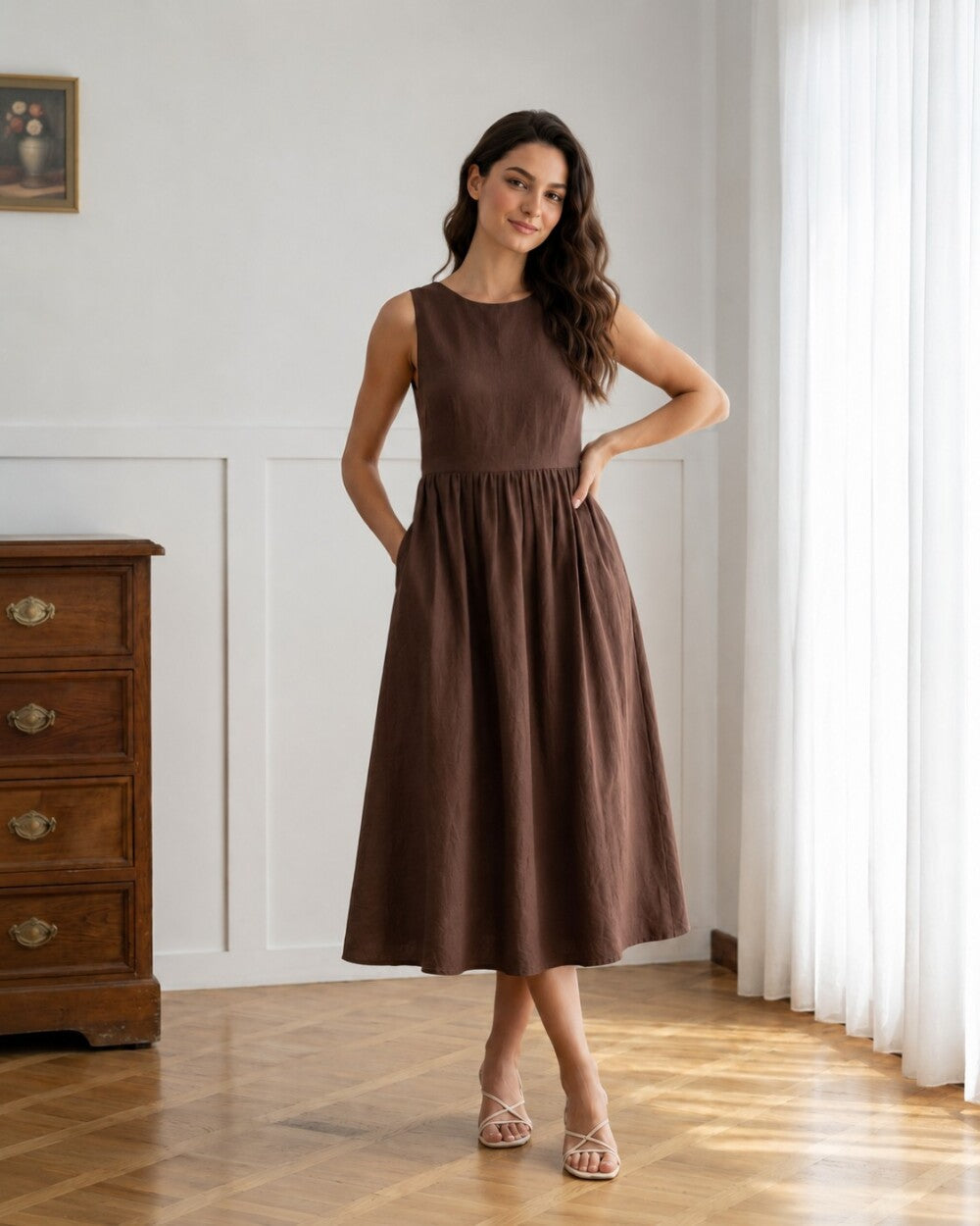 Natural Linen Midi Dress, Sleeveless Round Neck A Line Dress with Pockets, Minimalist Summer and Vacation Dress